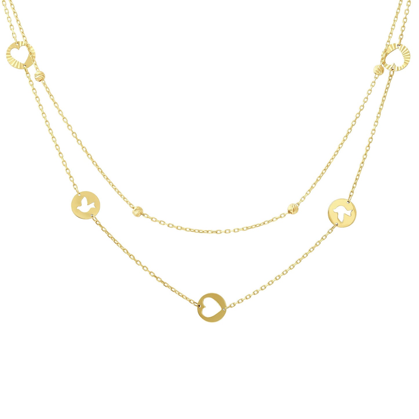14ct Yellow Gold Bead & Heart Double Layer Necklace