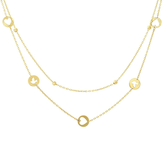 14ct Yellow Gold Bead & Heart Double Layer Necklace